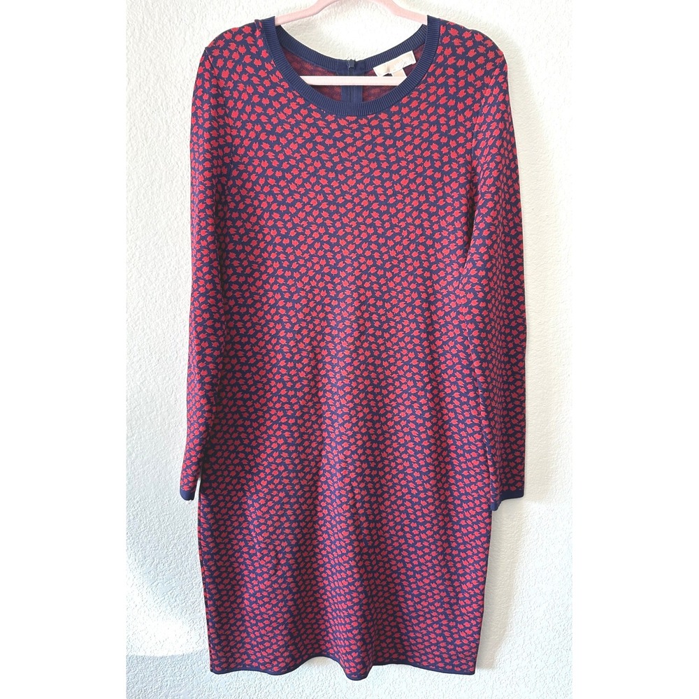 Michael‎ Kors Red Navy Leaf Print Knit Sweater Dress Long Sleeve Zipper XL